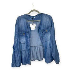 Angela Mara Chambray Denim Jacket Ruffle Hem Lightweight Feminine Casual Layer L